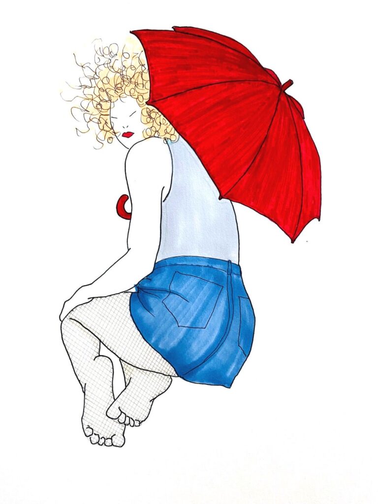 赤い傘を持った人物のイラスト。
赤い傘を持った巻き髪の人物が振り向くようなポーズで赤い傘を持っている。
人物はタンクトップとミニスカートと網タイツを着用。